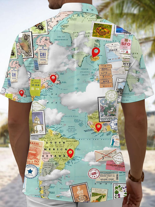 World Map Stamp Print Men's Pocket Short Sleeve Shirts