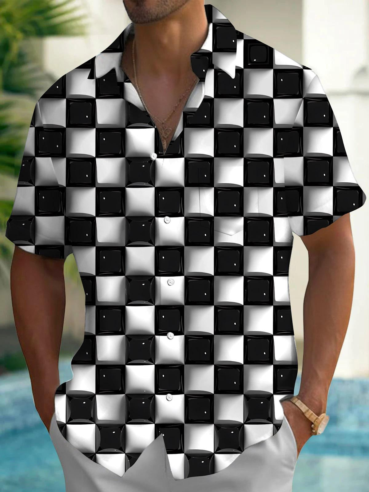 Geometric Square Print Men's Pocket Short Sleeve Shirts