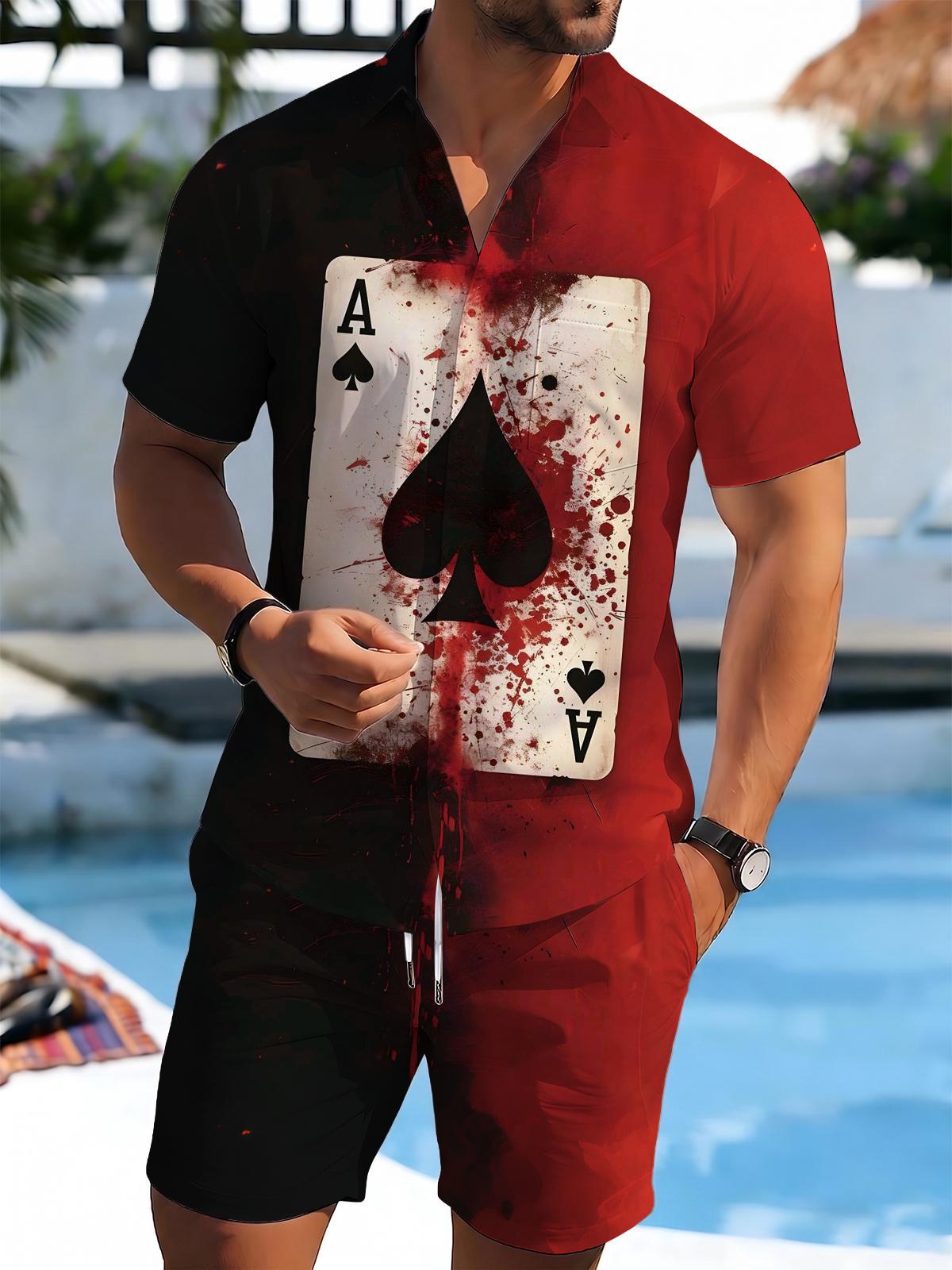 Poker Print Men's Short Sleeve Pocket Shirts And Shorts Set