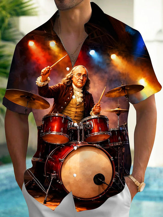 Fun USA Benjamin Franklin One Of Founding Fathers Playing Drum Set Men's Pocket Short Sleeve Shirts