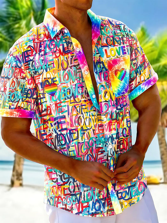 Colorful Tie Dye Love Graffiti Pride Month Men's Pocket Short Sleeve Shirts