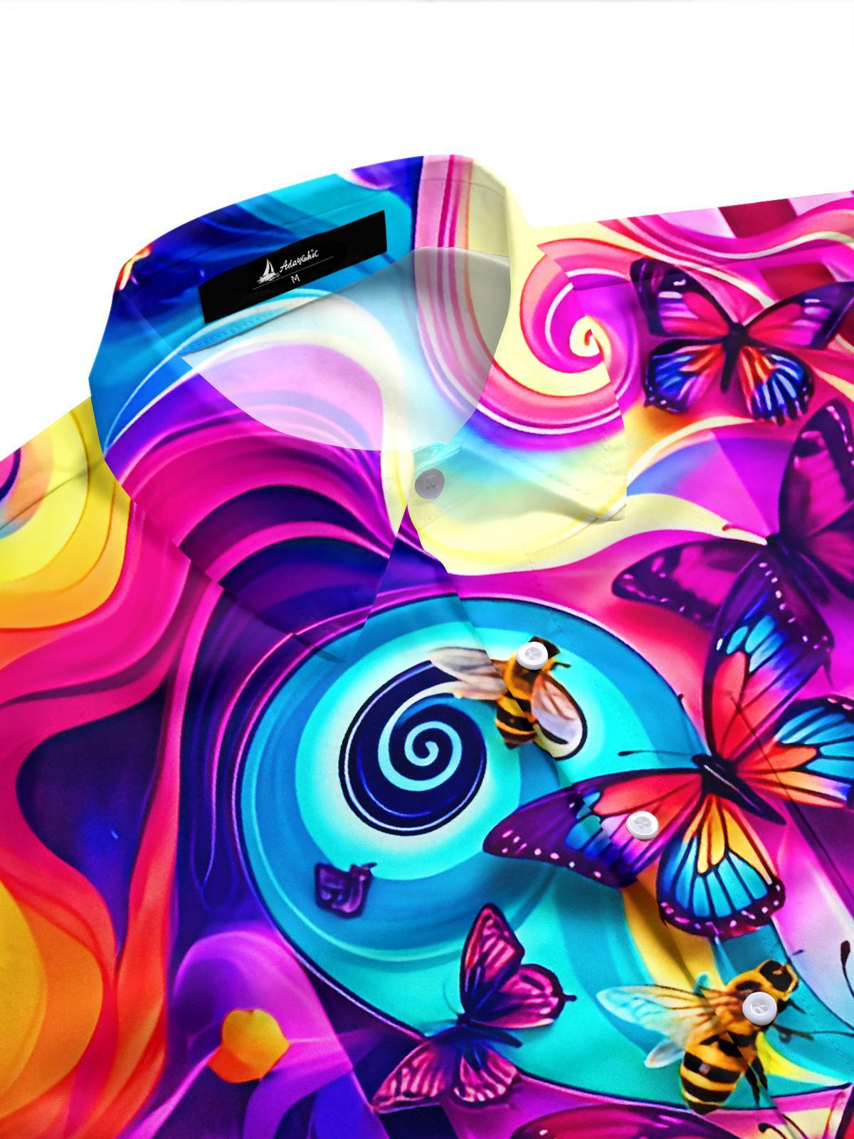 Colorful Gradient Music Piano Keys Butterflies And Bees Men's Pocket Short Sleeve Shirts