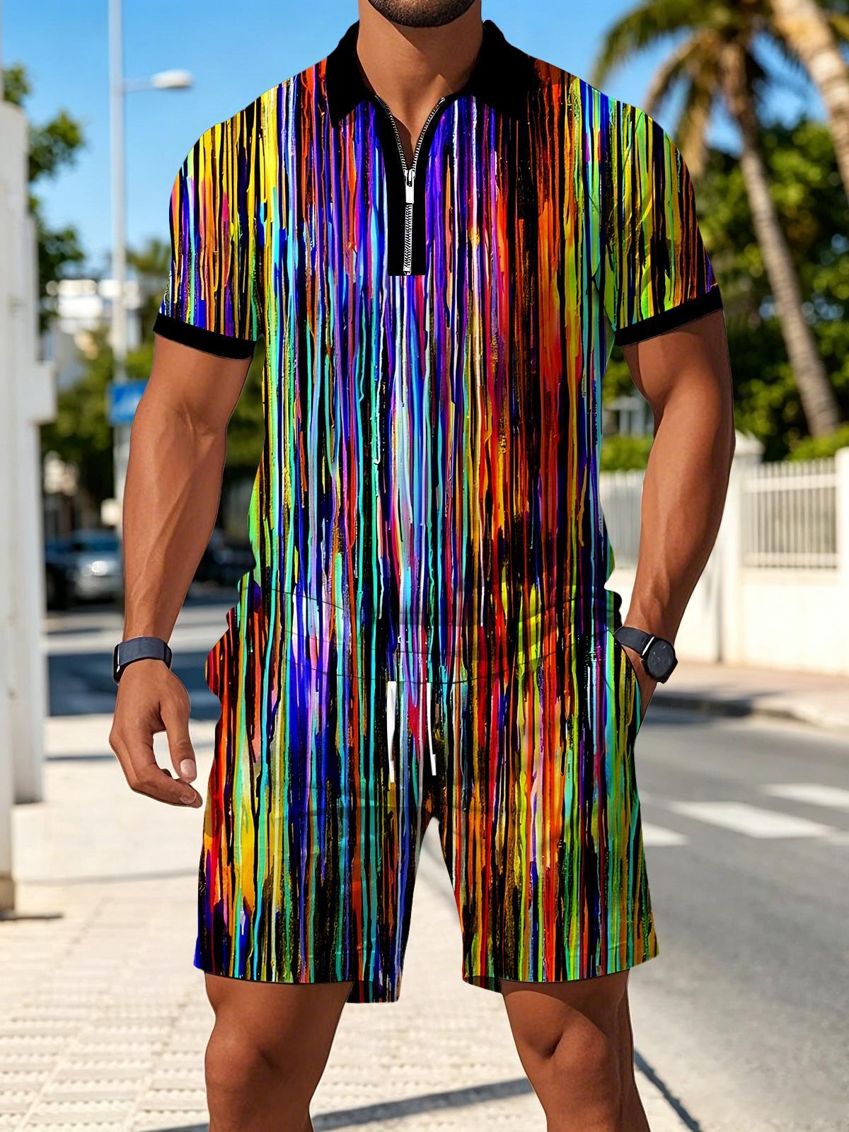 Tie Dye Men's Short Sleeve Zipper Polo And Shorts Set