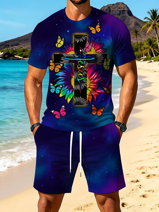Christian Cross Butterfly Print Men's Short Sleeve Round Neck T-shirt And Shorts Set