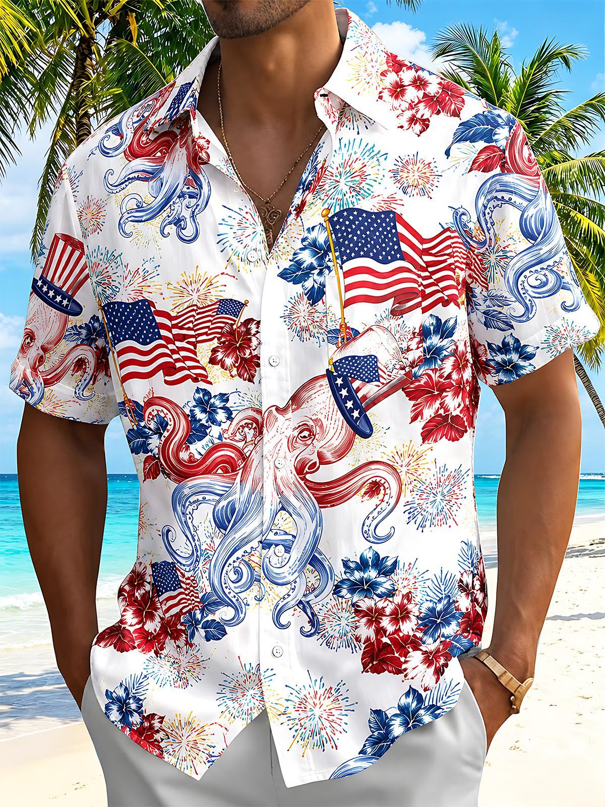 American Flag Octopus Firework Independence Day Men's Pocket Short Sleeve Shirts