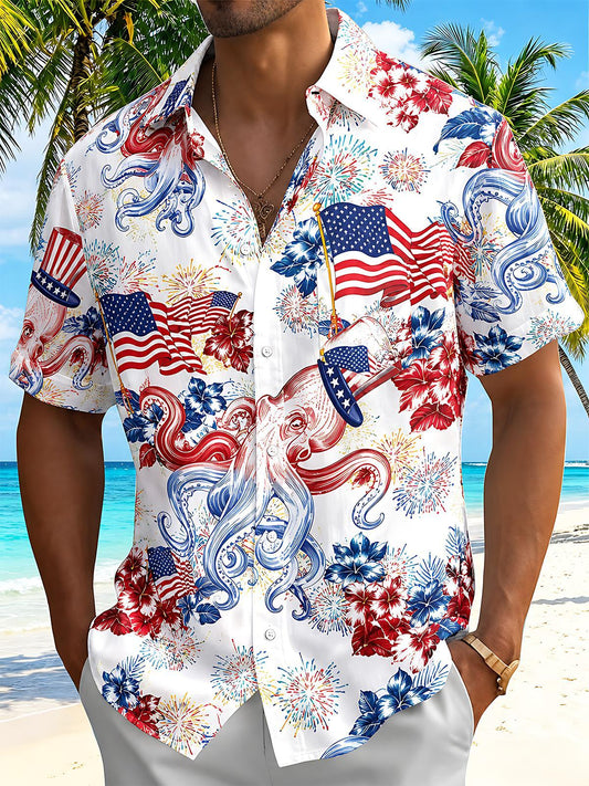 American Flag Octopus Firework Independence Day Men's Pocket Short Sleeve Shirts