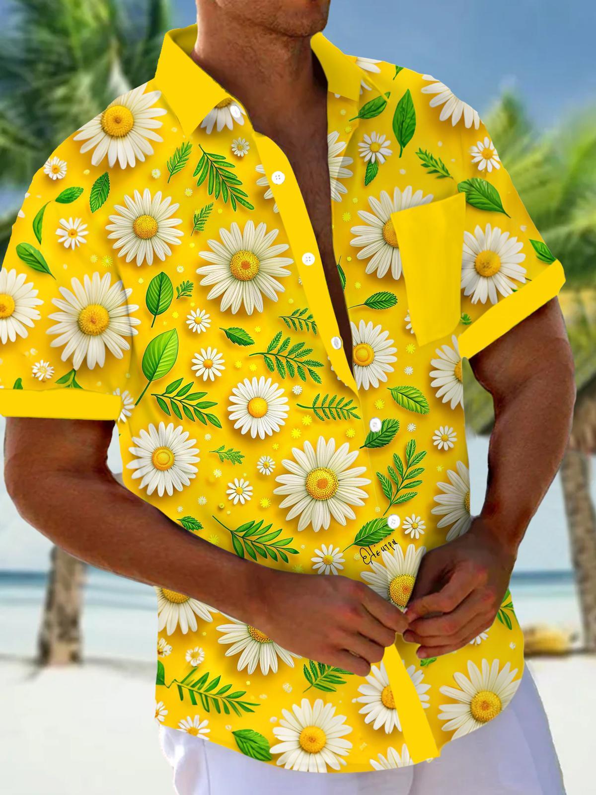 Daisy Flower Print Men's Pocket Short Sleeve Shirts