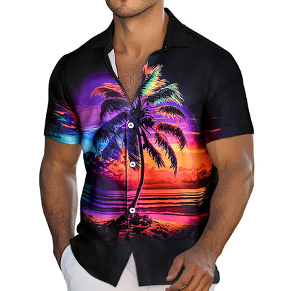 Mens Hawaiian Shirts Palm Tree Sunset Casual Shirts Short Sleeve Beach Vacation Clothes for Travel Vacation Daily Wear agreeable