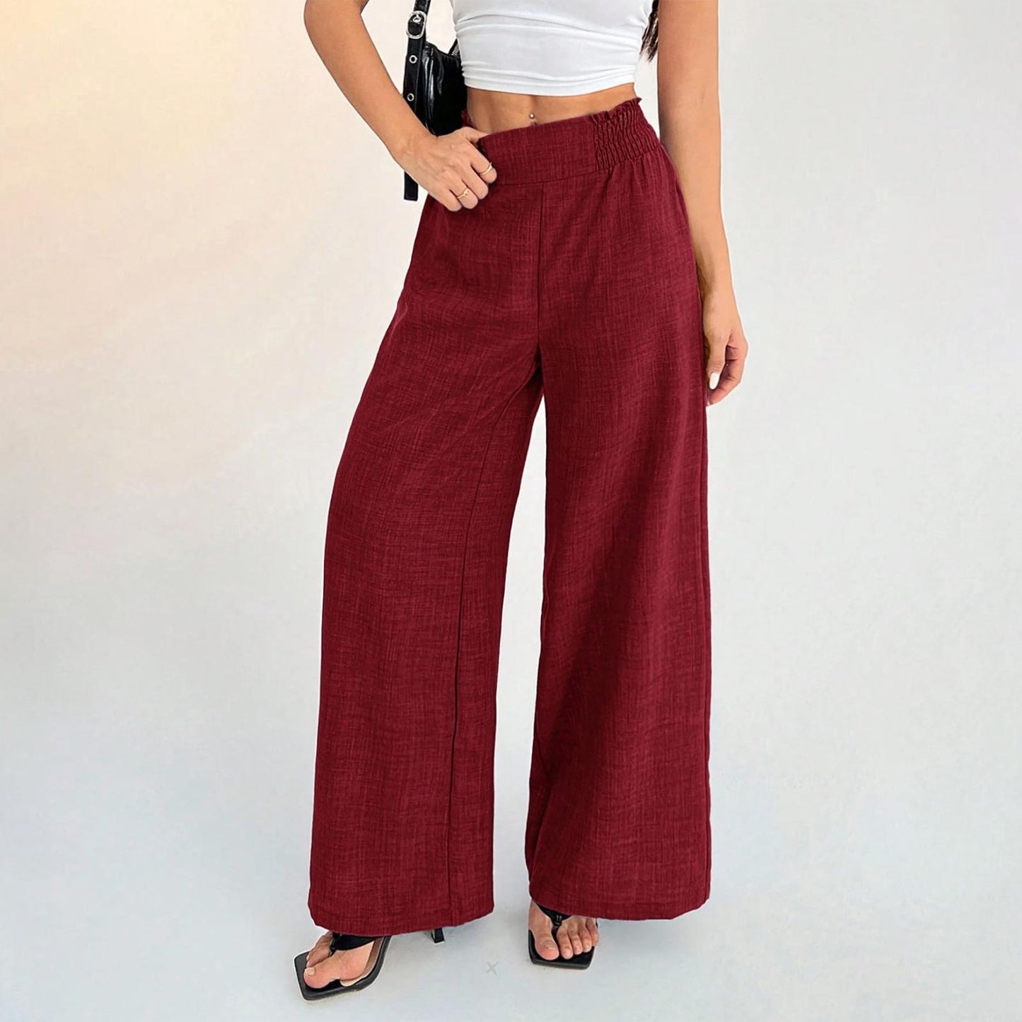 Womens Wide Leg Pants Elastic Waist Summer Lounge Pants Flowy Straight Leg Trousers for Travel Dating Leisure dependable