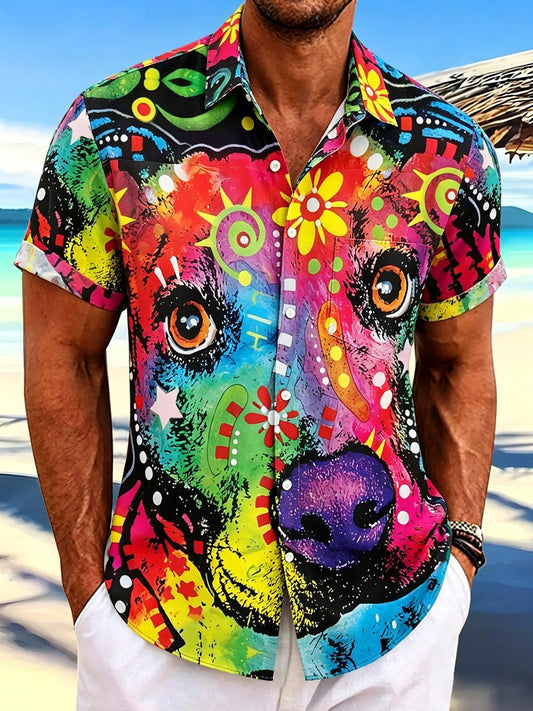 Hawaiian Colorful Pop Art Dog Portrait Men's Pocket Short Sleeve Shirts