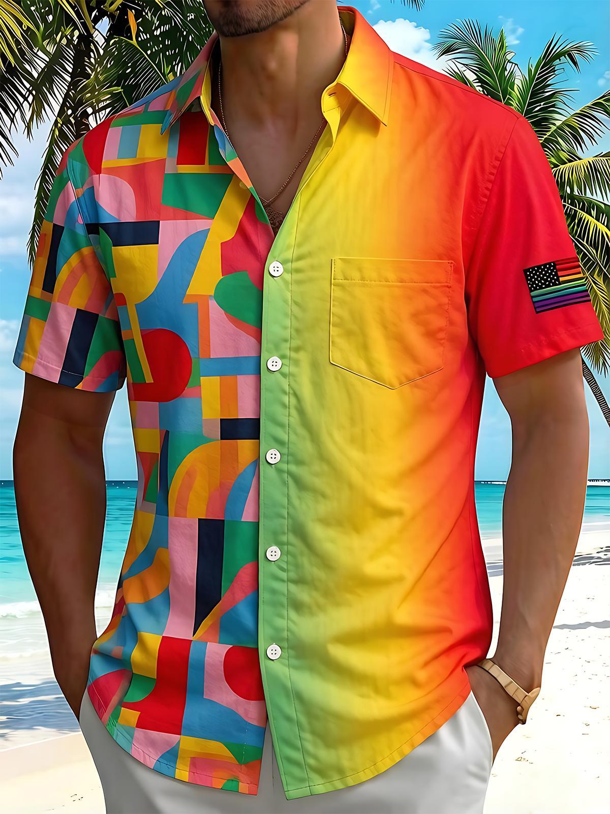 Pride Month Colorful Gradient Geometric Patchwork Men's Pocket Short Sleeve Shirts