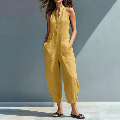 Sleeveless Jumpsuits for Women Button Front Stand Collar Sleeveless Loose Wide Leg Jumpsuit for Vacation charmingly