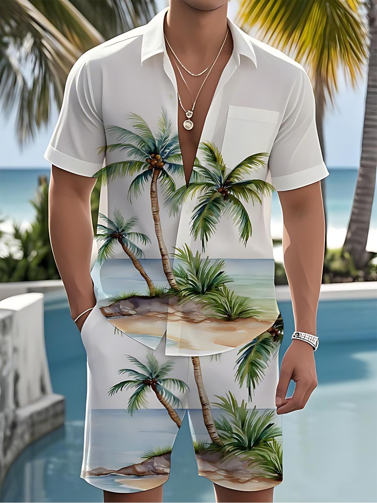 Hawaiian Coconut Tree Print Men's Short Sleeve Pocket Shirts And Shorts Set