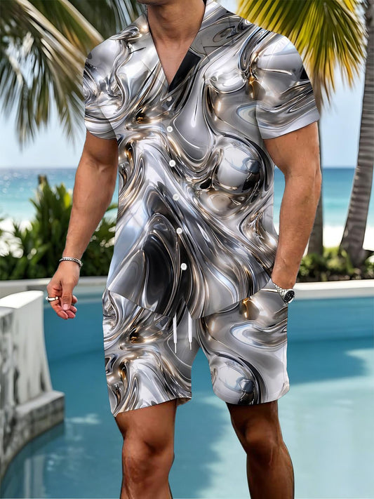Abstract Print Men's Short Sleeve Cuban Collar Pocket Shirts And Shorts Set