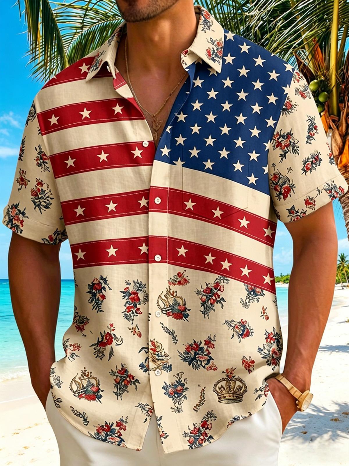 American Star Stripes Vintage Floral Accent Patriotic Holiday Vibe Retro Independence Day Men's Pocket Short Sleeve Shirts