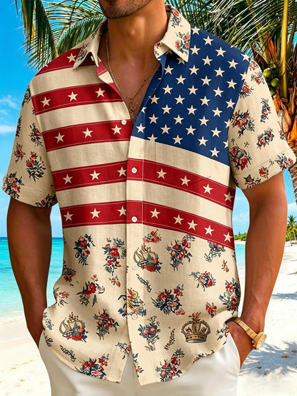 American Star Stripes Vintage Floral Accent Patriotic Holiday Vibe Retro Independence Day Men's Pocket Short Sleeve Shirts