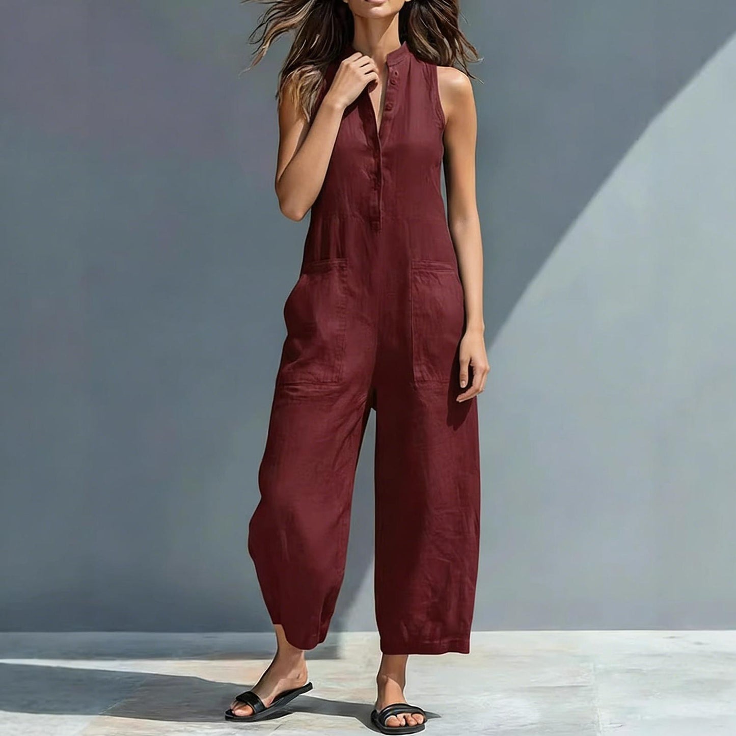 Sleeveless Jumpsuits for Women Button Front Stand Collar Sleeveless Loose Wide Leg Jumpsuit for Vacation charmingly