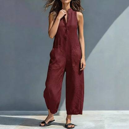 Sleeveless Jumpsuits for Women Button Front Stand Collar Sleeveless Loose Wide Leg Jumpsuit for Vacation charmingly