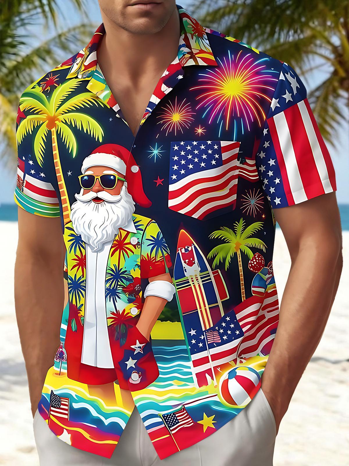 Hawaiian Summer Christmas Santa Claus Beach Flag Independence Day Men's Pocket Short Sleeve Shirts