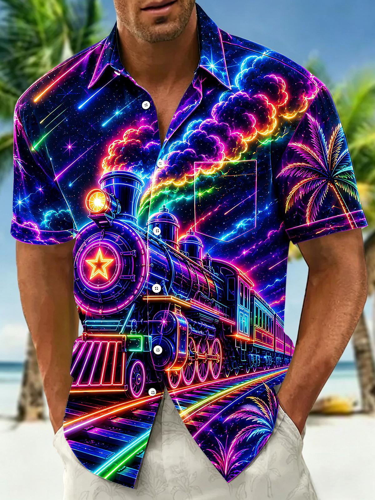 Neon Colorful Glowing Steam Train Men's Pocket Short Sleeve Shirts