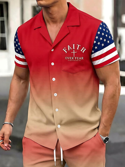Independence Day Faith Over Fear Gradient American Flag Men's Pocket Short Sleeve Shirts