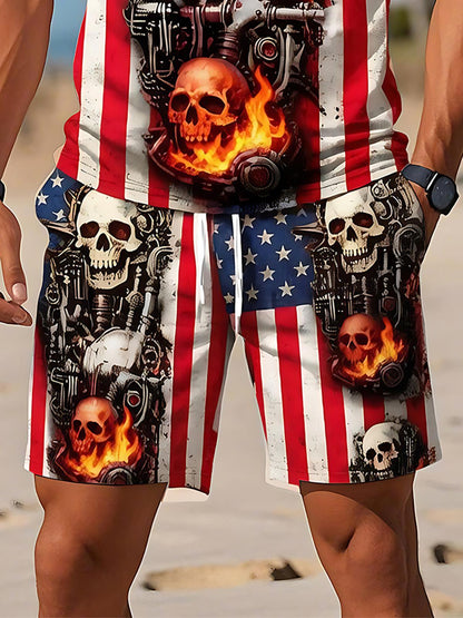 Independence Day Dark Mechanical Skull Flame Element American Flag Men's Print Pocket Shorts