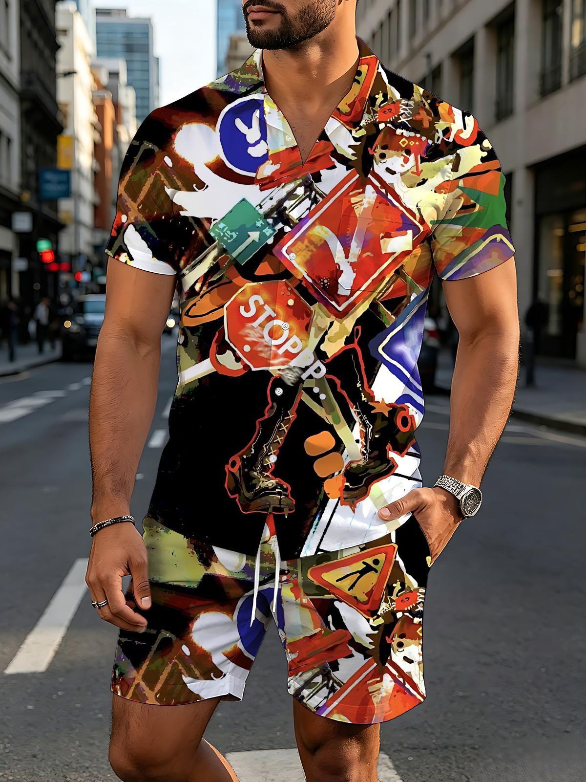 Street Art Print Men's Short Sleeve Pocket Shirts And Shorts Set