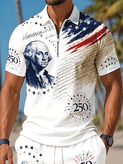 USA 250th Anniversary Independence Day Founding Father Washington Independence Declaration Men's Short Sleeve Zipper Polo