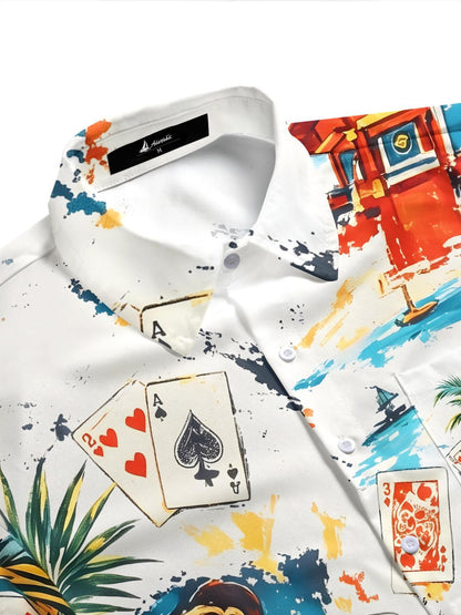 Hawaiian Gradient Poker Cards Vintage Beauties And Leaf Men's Pocket Short Sleeve Shirts