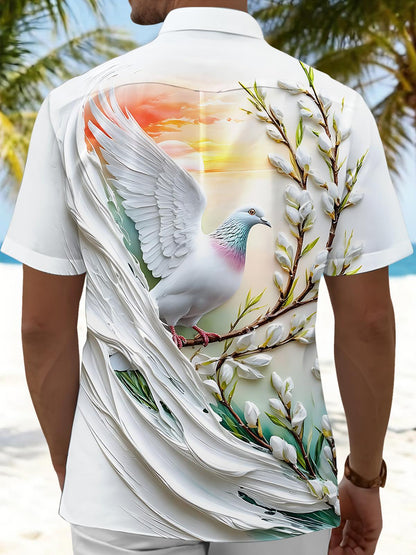 White Dove Flower Print Men's Pocket Short Sleeve Shirts