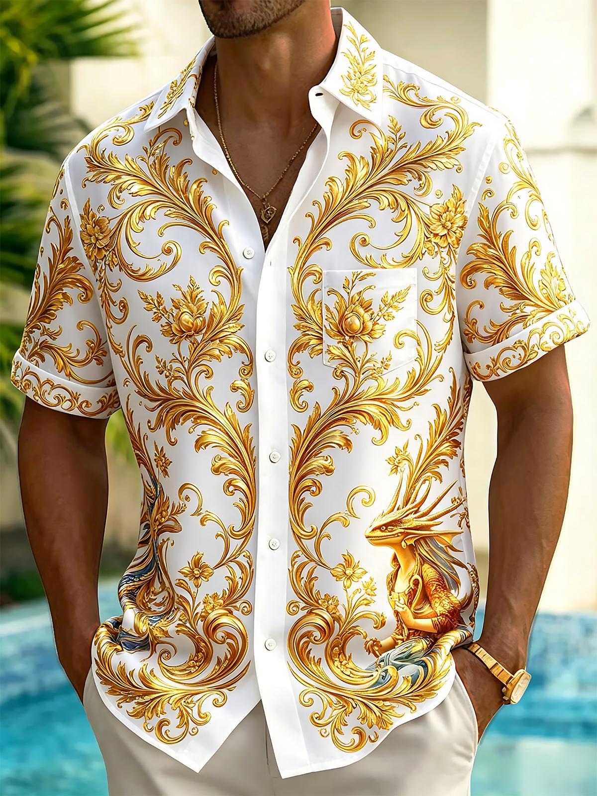Art Luxury Gilded Scroll Grass Dragon Pattern Men's Pocket Short Sleeve Shirts