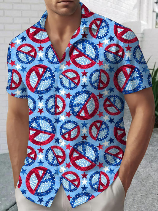 Independence Day American Flag Hippie Peace Sign Print Men's Pocket Short Sleeve Shirts
