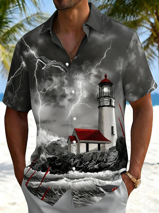 Lighthouse Print Men's Pocket Short Sleeve Shirts
