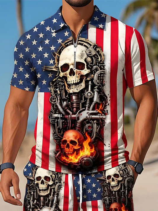 Independence Day American Dark Mechanical Skull Flame Element American Flag Men's Short Sleeve Zipper Polo Sets