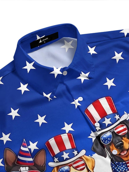 Independence Day American Flag Dog Print Men's Pocket Short Sleeve Shirts