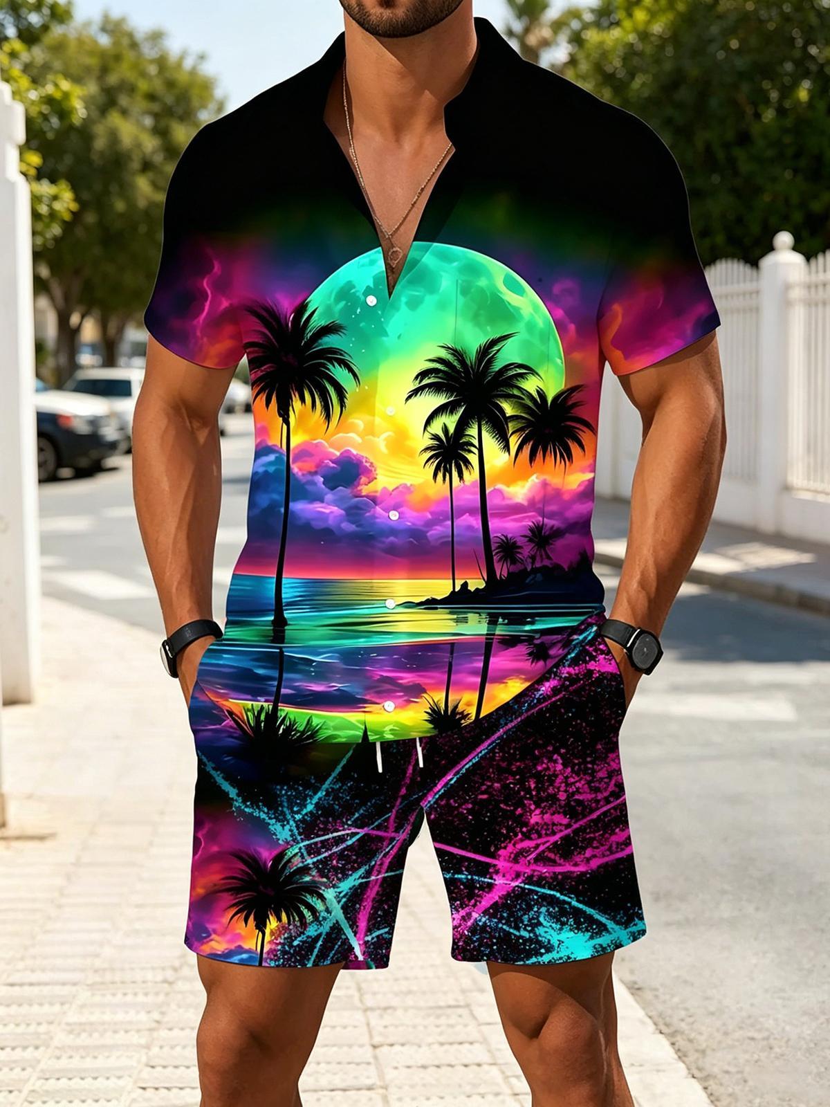 Hawaiian Coconut Tree Men's Short Sleeve Pocket Shirts And Shorts Set