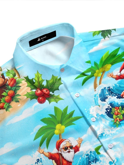 Fun Hawaiian Surfing Summer Santa Christmas Holiday Men's Pocket Short Sleeve Shirts