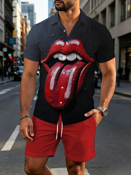 Tongue Print Men's Short Sleeve Pocket Shirts And Shorts Set