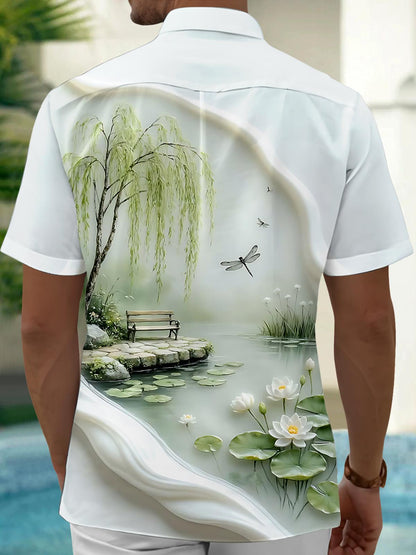 Lotus Pond Landscape Print Men's Pocket Short Sleeve Shirts