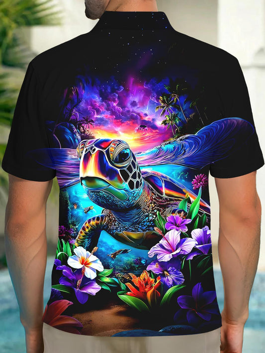 Hawaiian Sea Turtle Men's Short Sleeve Button Polo Shirt