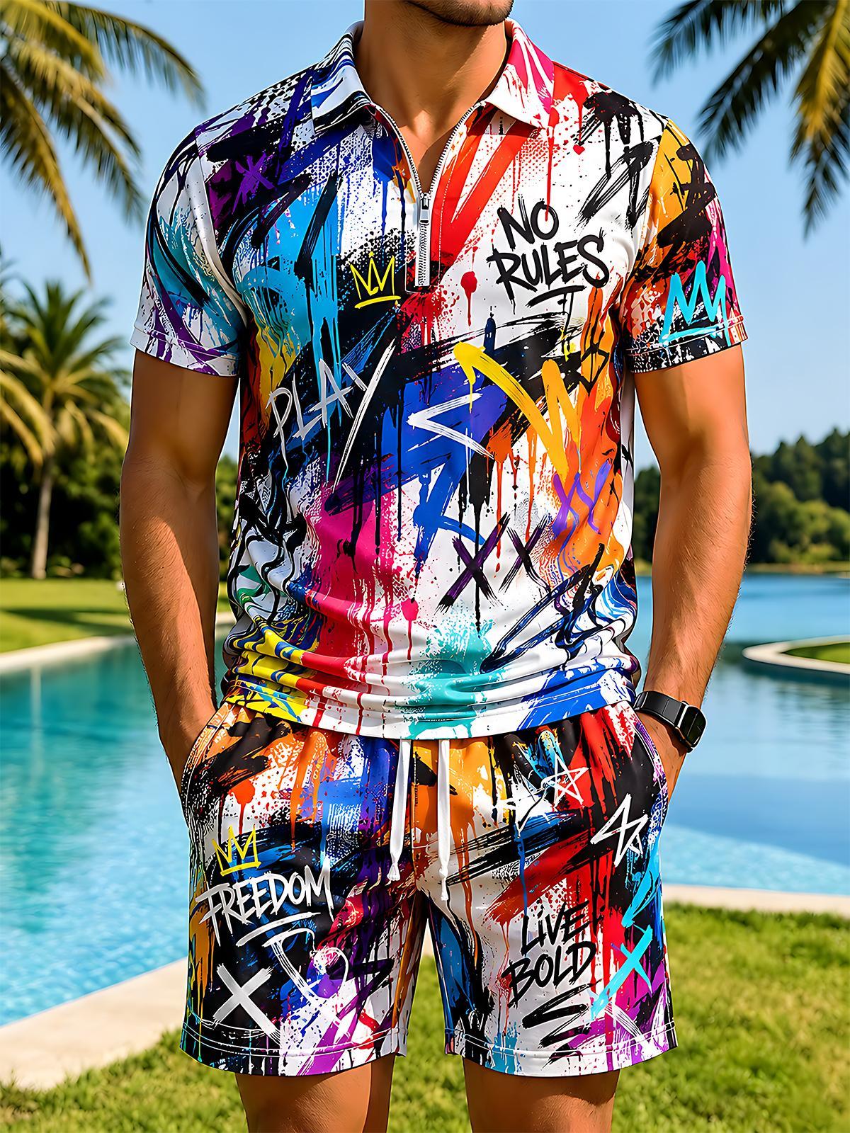 Color Tie-Dye Splash Graffiti Letters Men's Short Sleeve Zipper Polo And Shorts Set