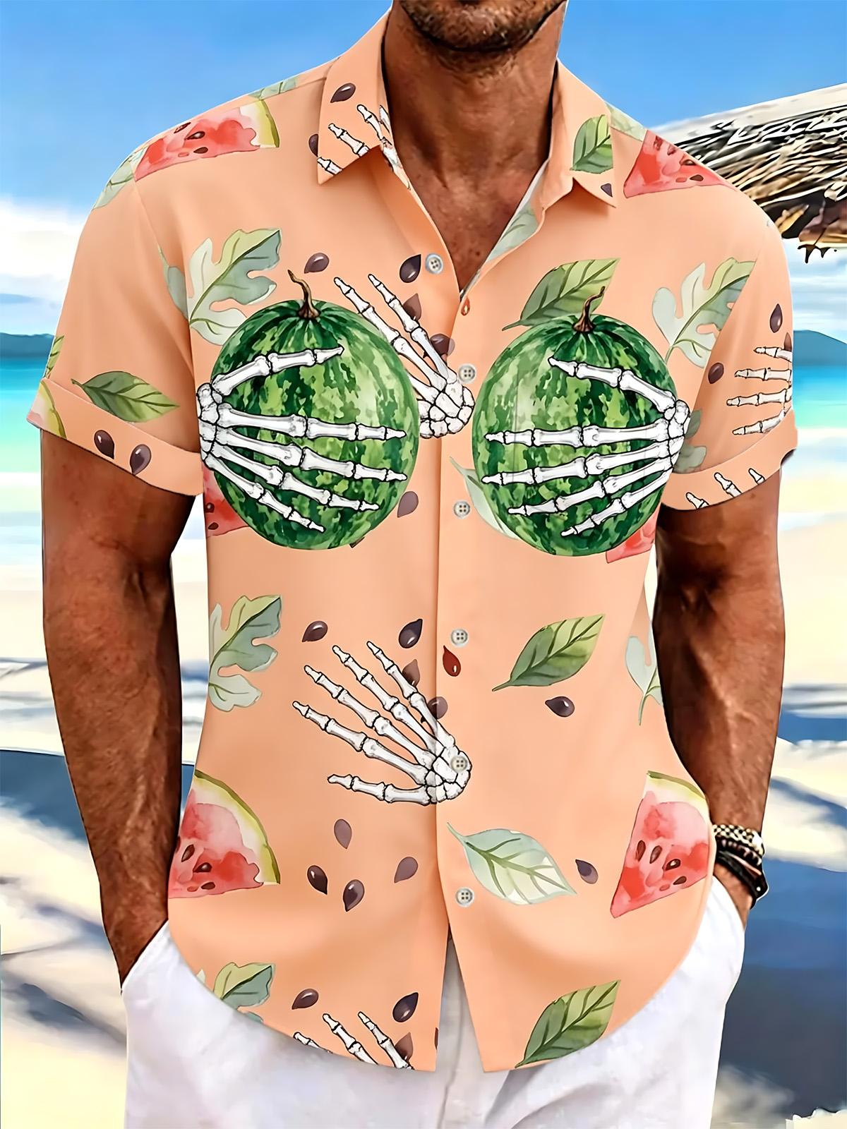 Funny Skull Hand Watermelon Hawaiian Print Men's Pocket Short Sleeve Shirts