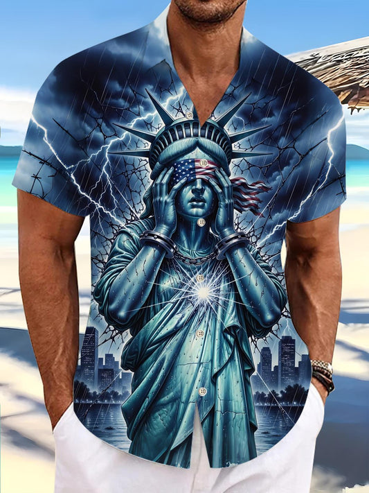 Independence Day Statue of Liberty American Flag Print Men's Pocket Short Sleeve Shirts