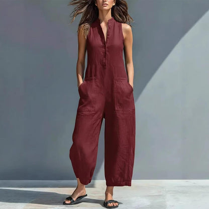 Sleeveless Jumpsuits for Women Button Front Stand Collar Sleeveless Loose Wide Leg Jumpsuit for Vacation charmingly