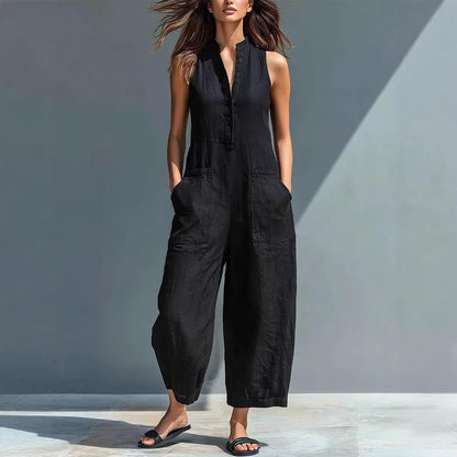 Sleeveless Jumpsuits for Women Button Front Stand Collar Sleeveless Loose Wide Leg Jumpsuit for Vacation charmingly