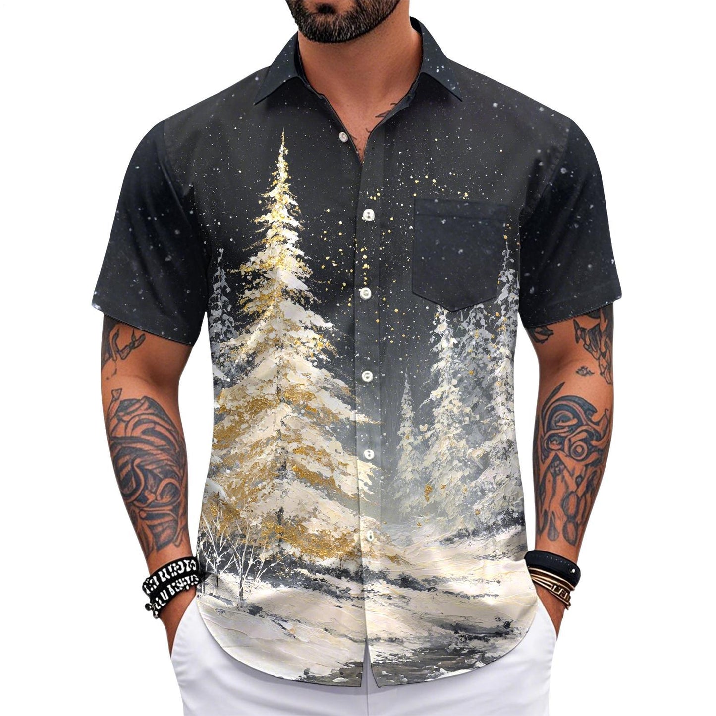 Christmas Shirts for Men Christmas Tree Button Up Loose Fit Printed Shirts Fashion Casual Tops with Pocket for Party reliable