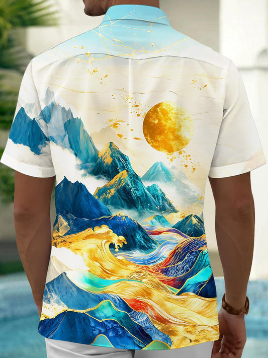 Art Sun Moon Golden Mountains Men's Pocket Short Sleeve Shirts