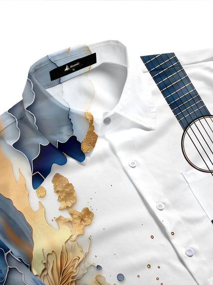 Art Gilded Abstract Marble Texture Guitar Men's Pocket Short Sleeve Shirts