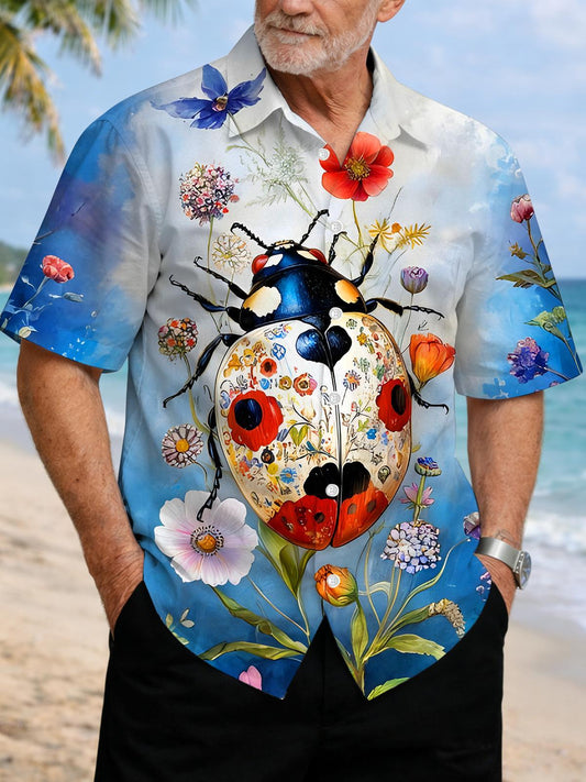 Floral Ladybug Art Insect Plant Men's Pocket Short Sleeve Shirts