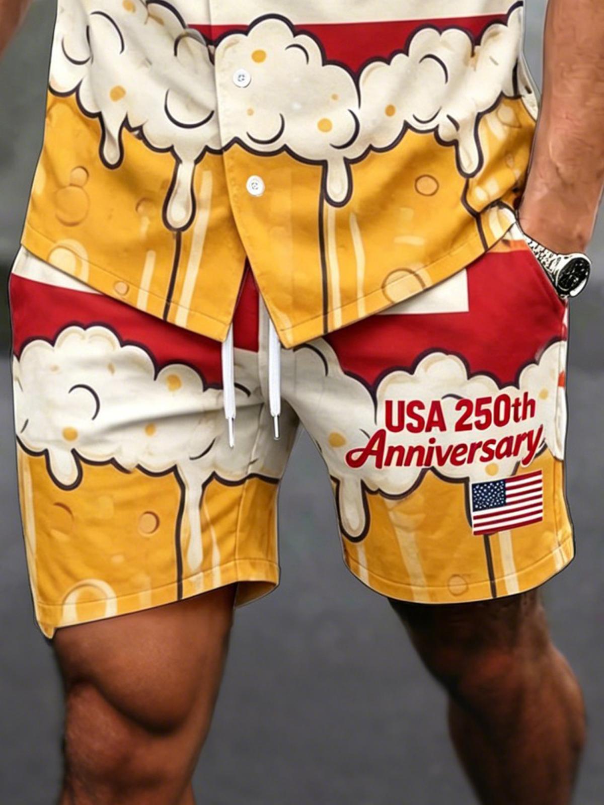 America 250th Anniversary Beer Foam American Flag Independence Day Men's Print Pocket Shorts